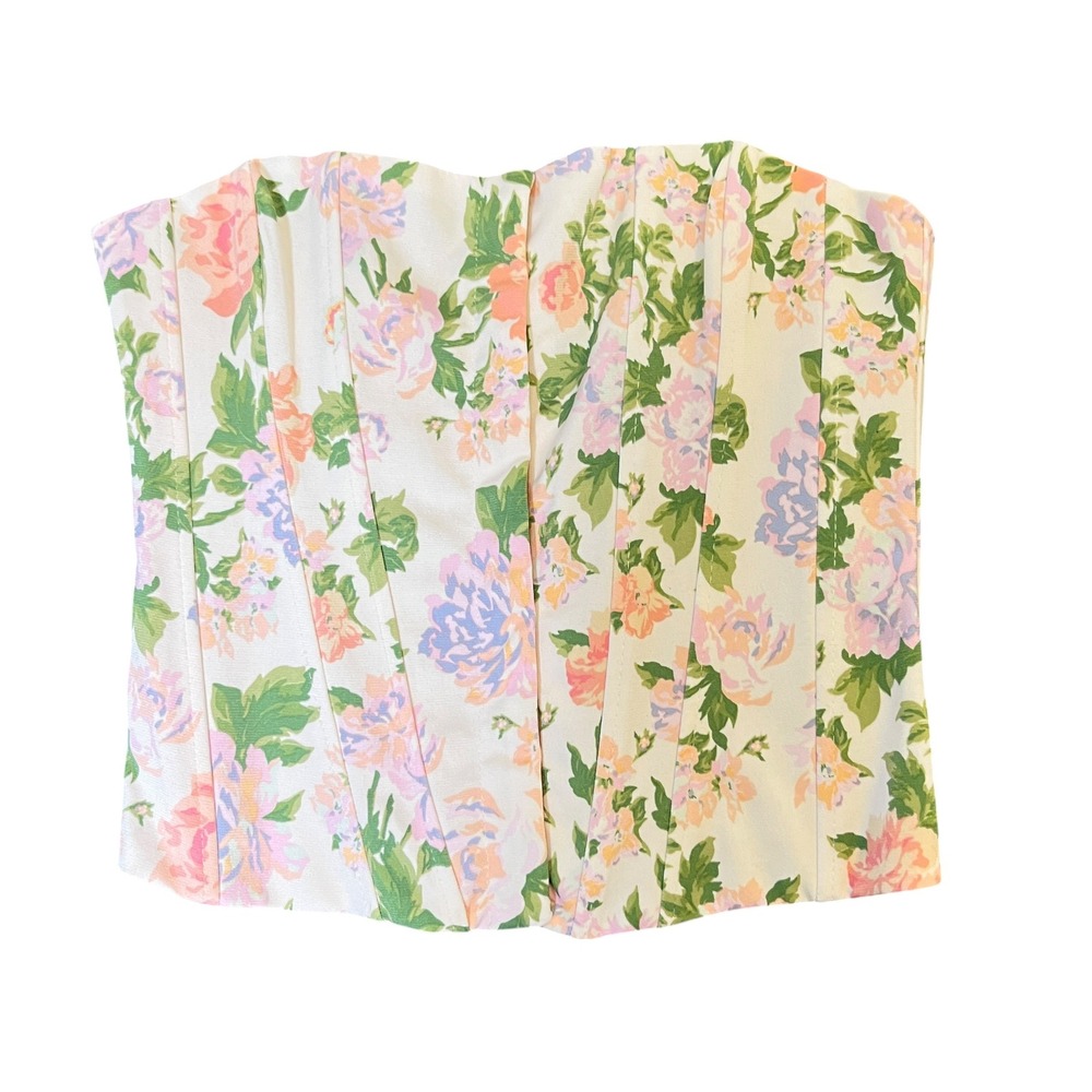 Zara‎ Floral Corset Top Womens XS Cream Pink Bustier Cottagecore Festival Fairy
